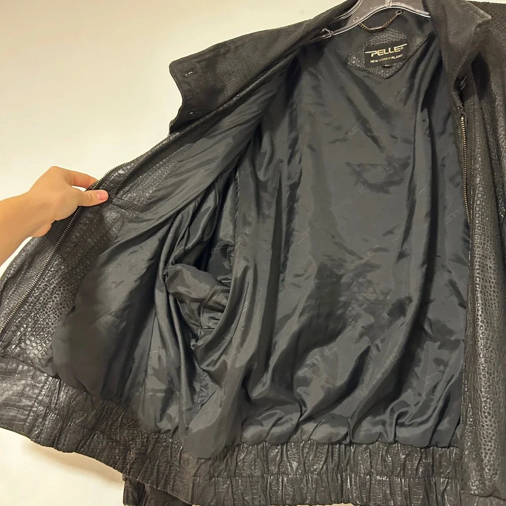 Pelle New York Milano Mens Black Embossed Leather Bomber Jacket Size‎ L